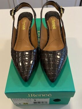 J.Renee Dark Brown Croc-Embossed Pointed Slingback Heels